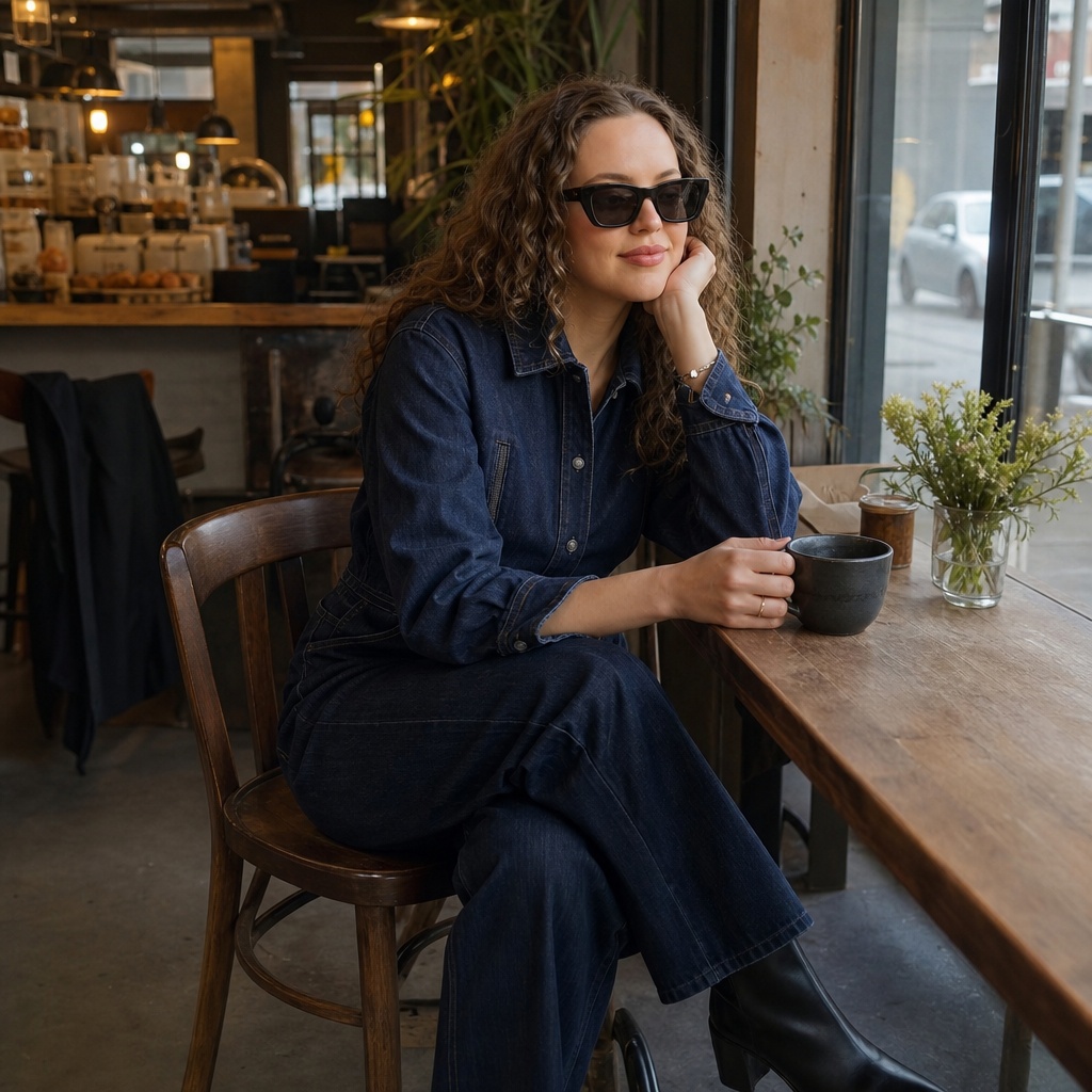 Dark denim jumpsuit with boots at a café