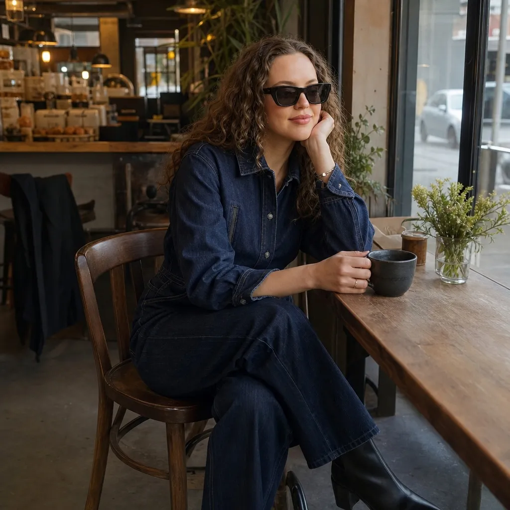 Dark denim jumpsuit with boots at a café