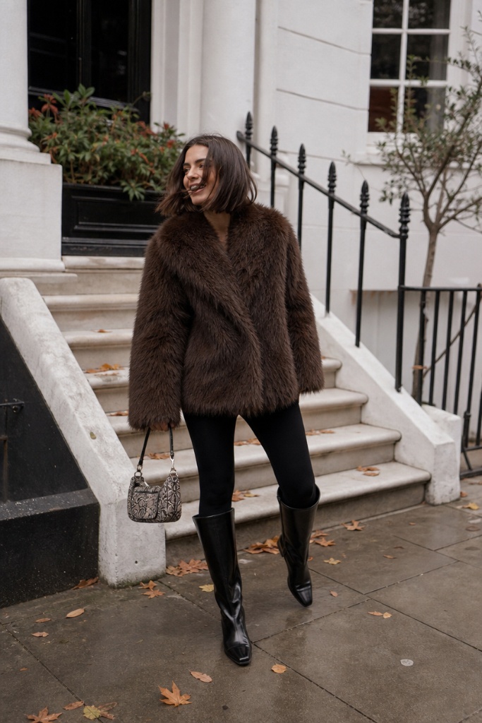 Brown faux fur jacket with black leggings and black knee-high boots