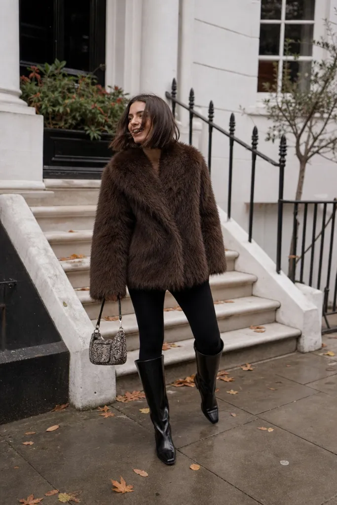 Brown faux fur jacket with black leggings and black knee-high boots