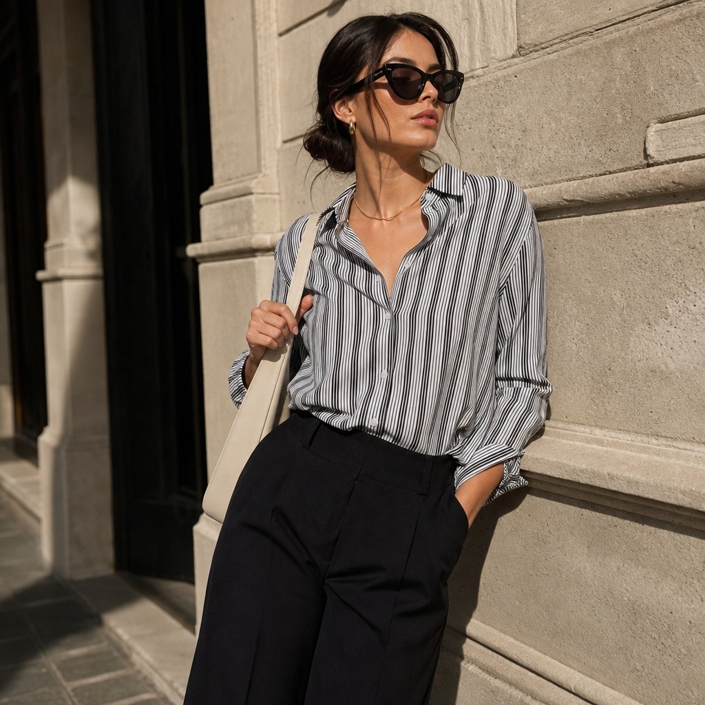 Blue and white striped button-down with black trousers and cream tote