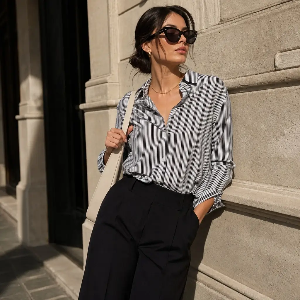 Blue and white striped button-down with black trousers and cream tote