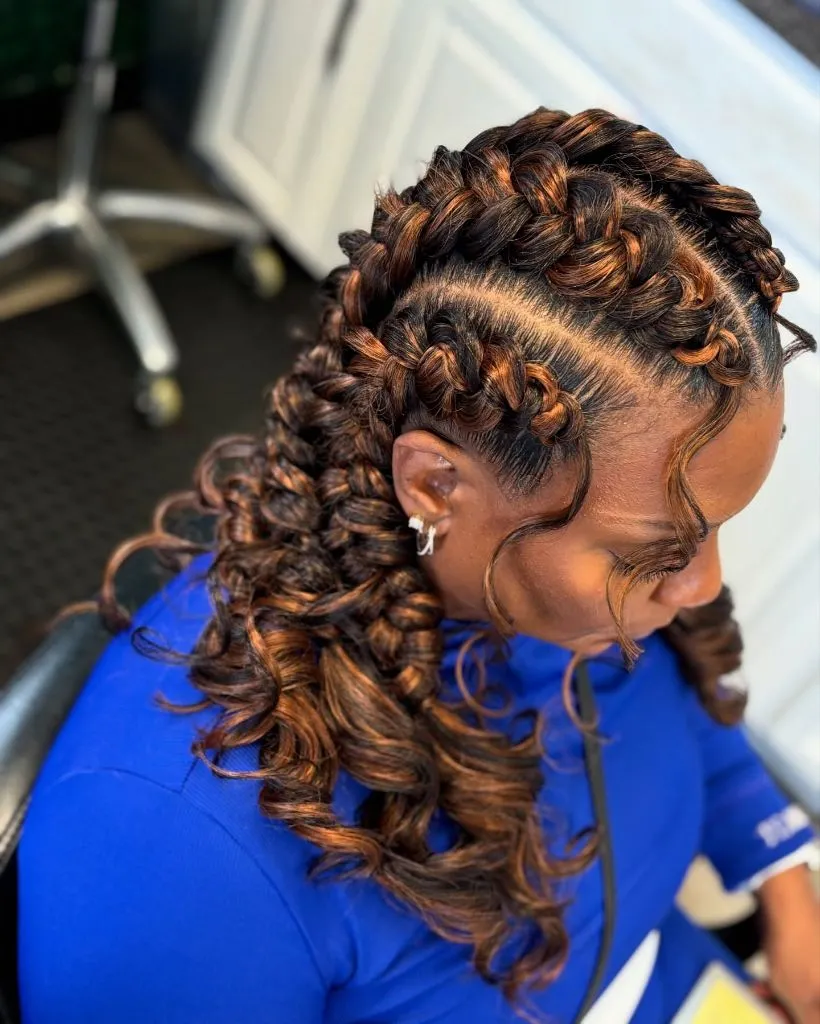 Butterfly Braids Hairstyle Copper-Toned Chunky Braids with Bouncy Barrel Curls