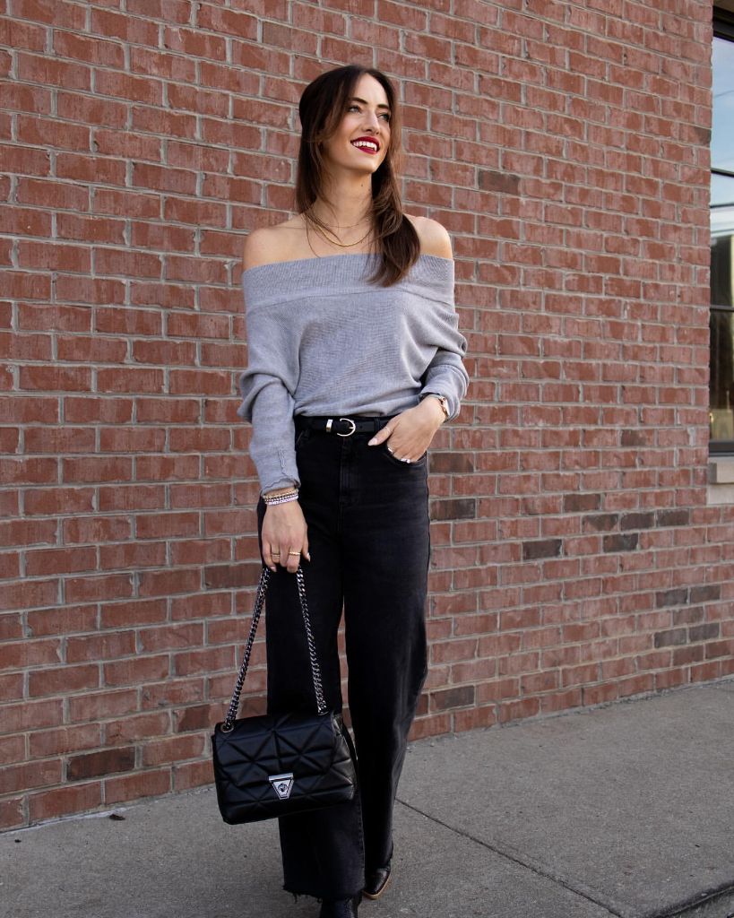 Fall Date Night Outfit - Grey Off-Shoulder Sweater with Black Denim and Chain Bag