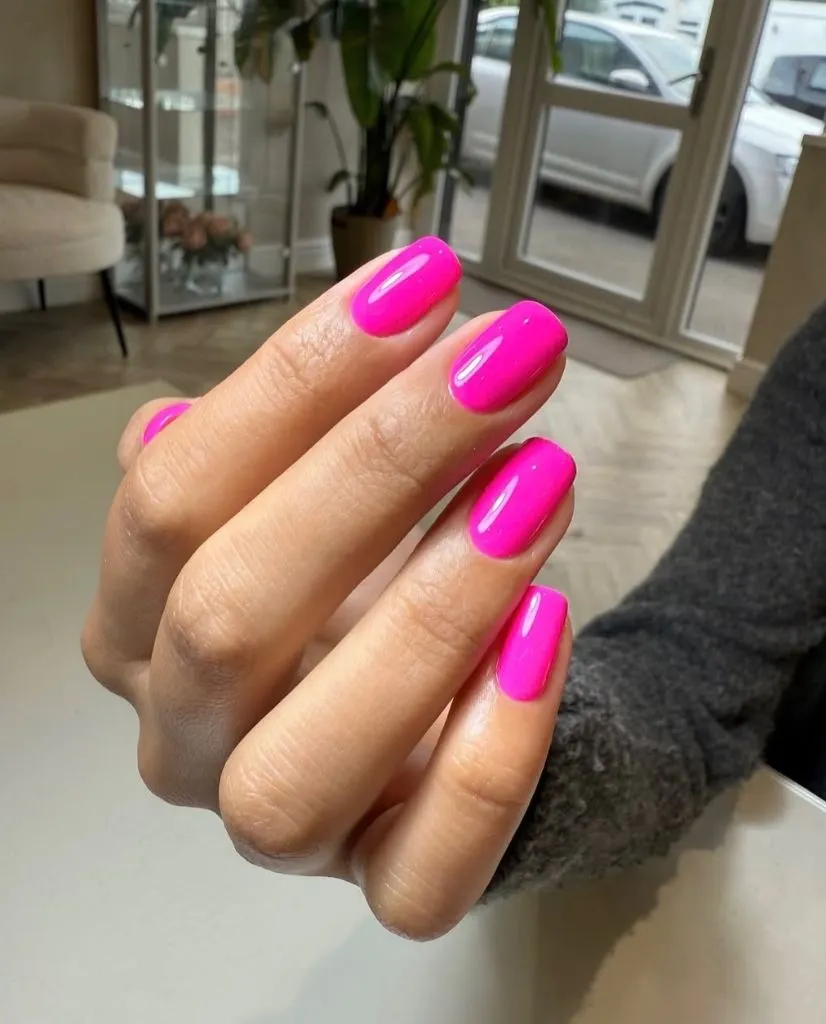 Bright electric fuchsia nails on short square nails August nails color 2026 ideas