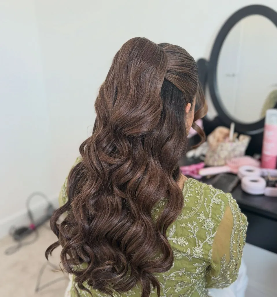 Fall Hairstyles for Office 2026 Voluminous Swept-Back Curls with Half Ponytail