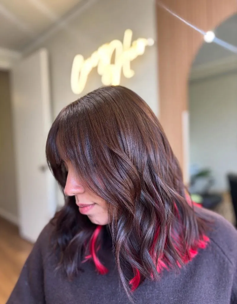 Fall Brunette Hair Colour 2026 Cool Cocoa Brunette With Peekaboo Rose Tips