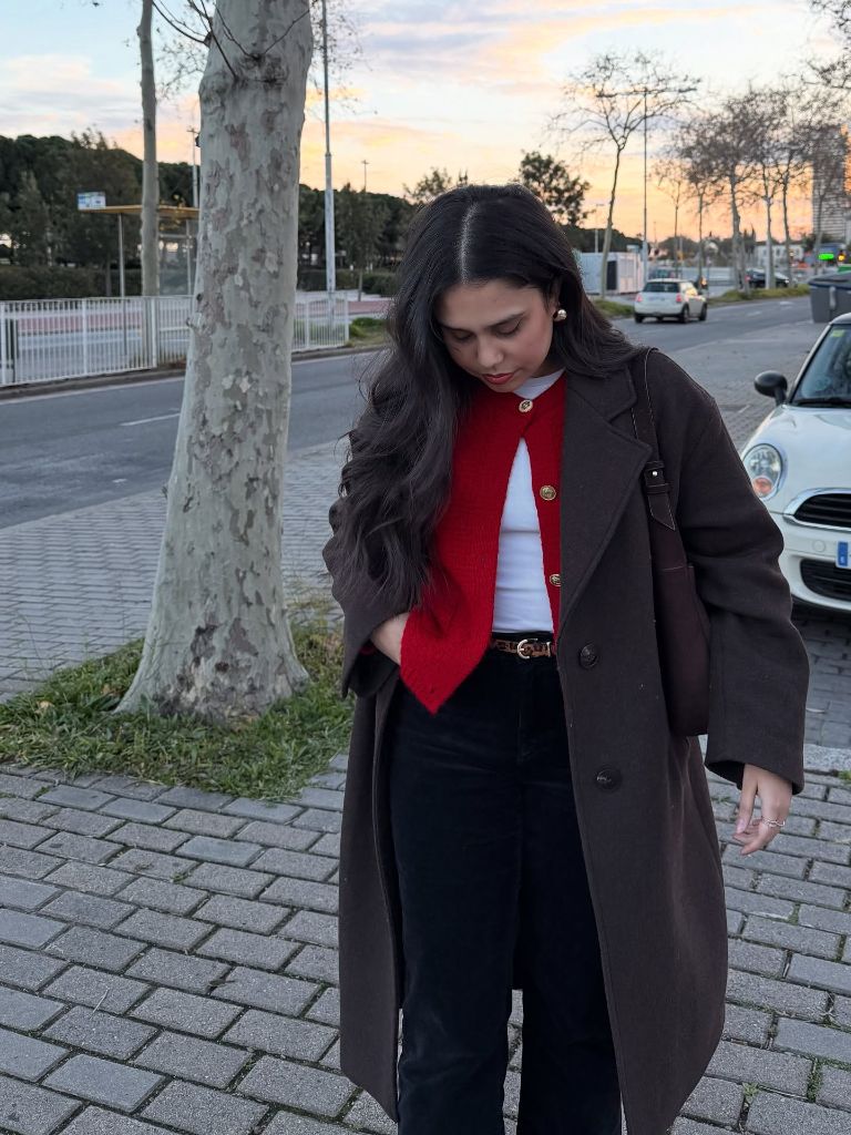 Red cardigan and brown overcoat outfit