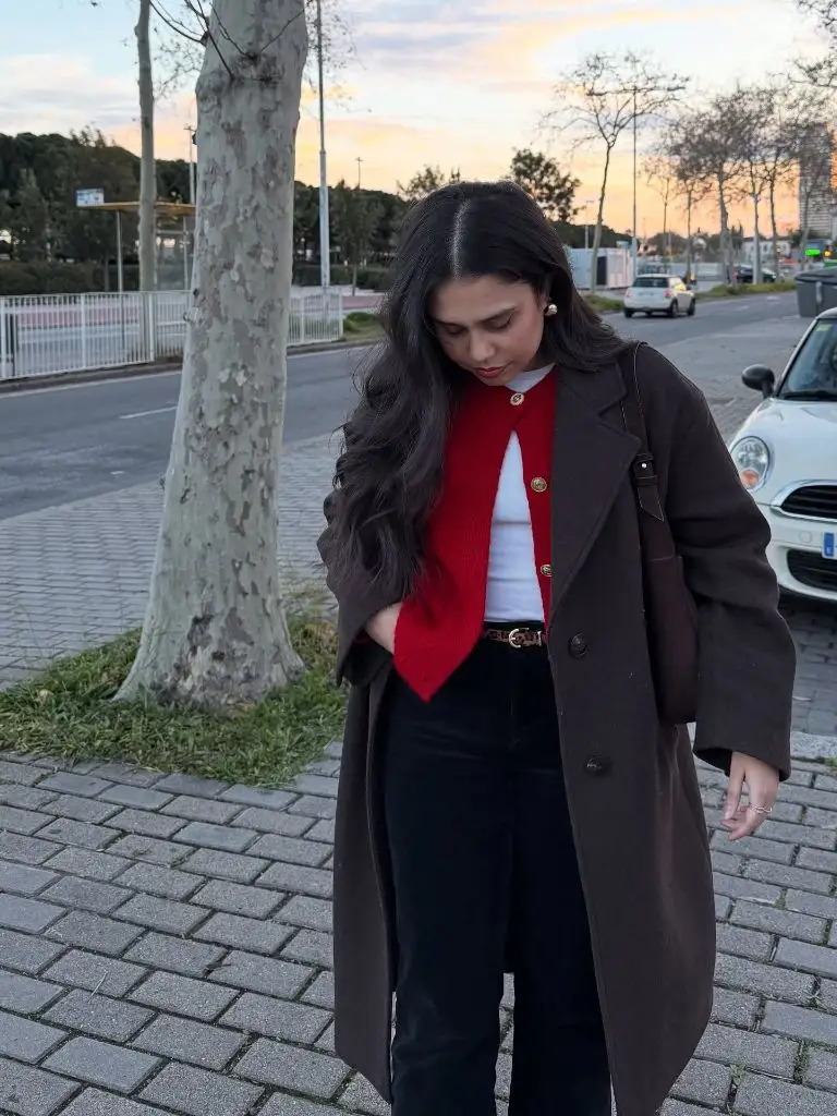 Red cardigan and brown overcoat outfit