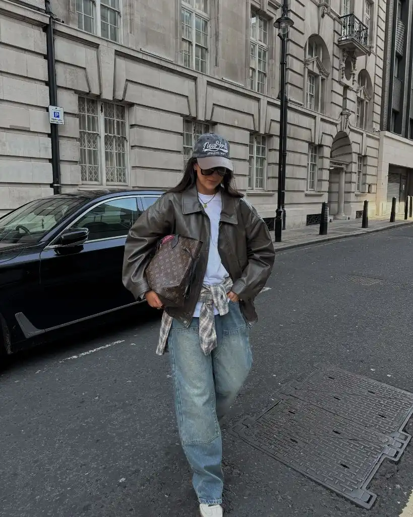 Leather jacket and jeans outfit in London