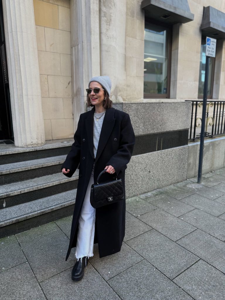 Black overcoat with beanie