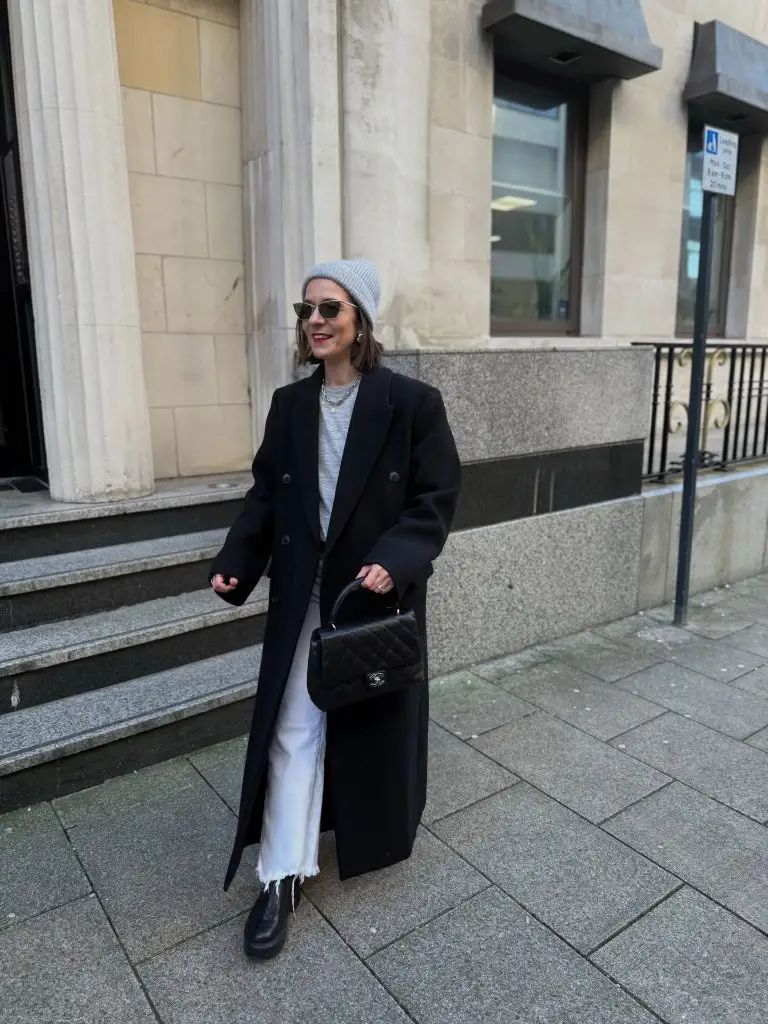 Black overcoat with beanie
