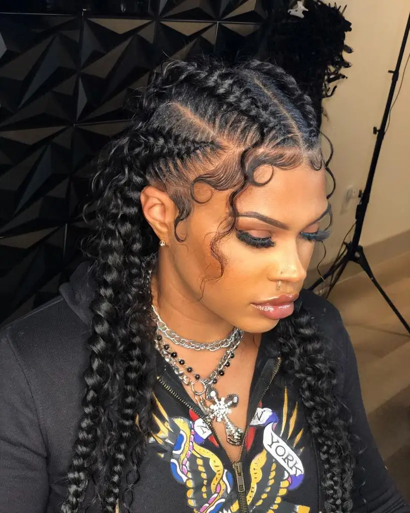 Butterfly Braids Hairstyle Goddess Feed-In Braids with Defined Curly Tendrils and Laid Edges