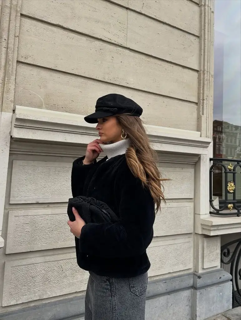 Fall professional outfit baker boy cap teddy jacket white turtleneck