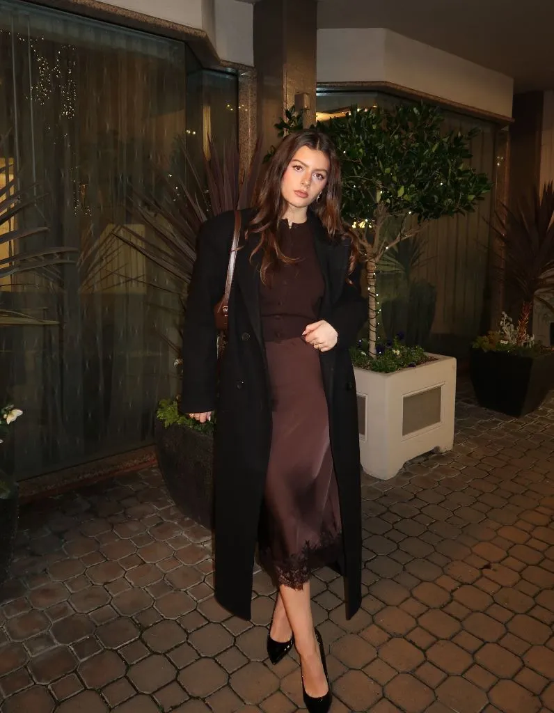 Fall Date Night Outfit - Chocolate Satin Lace Slip Skirt with Black Coat