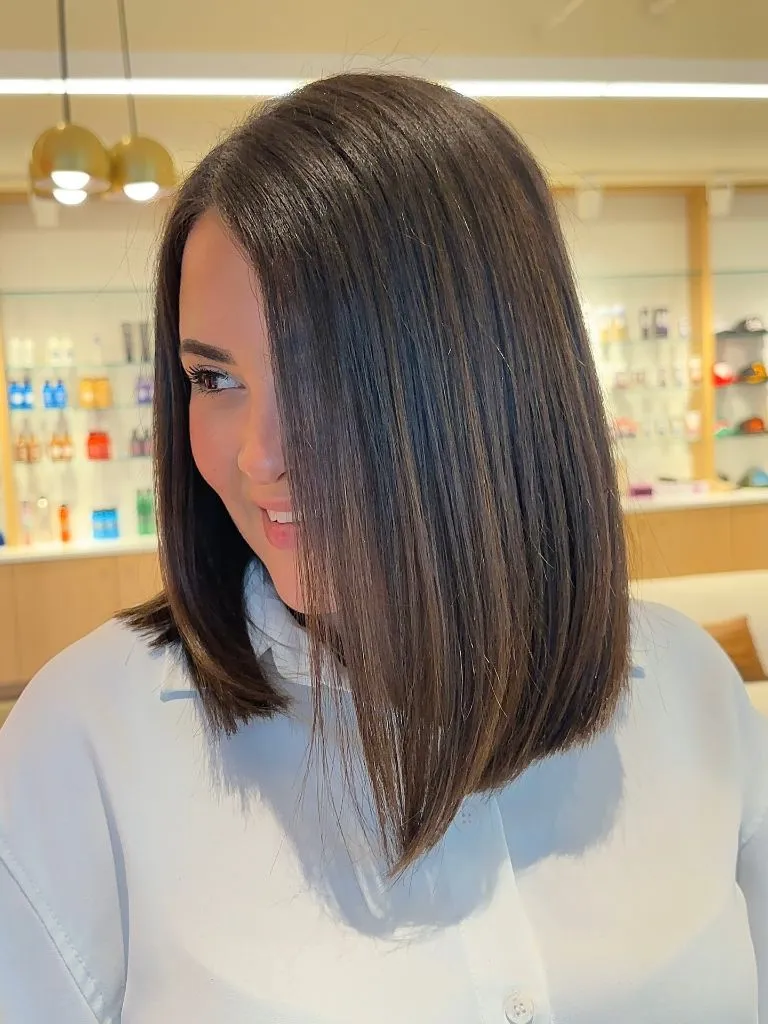 Fall hairstyles for short hair 2026 Sleek Angled Long Bob with Glass-Like Finish