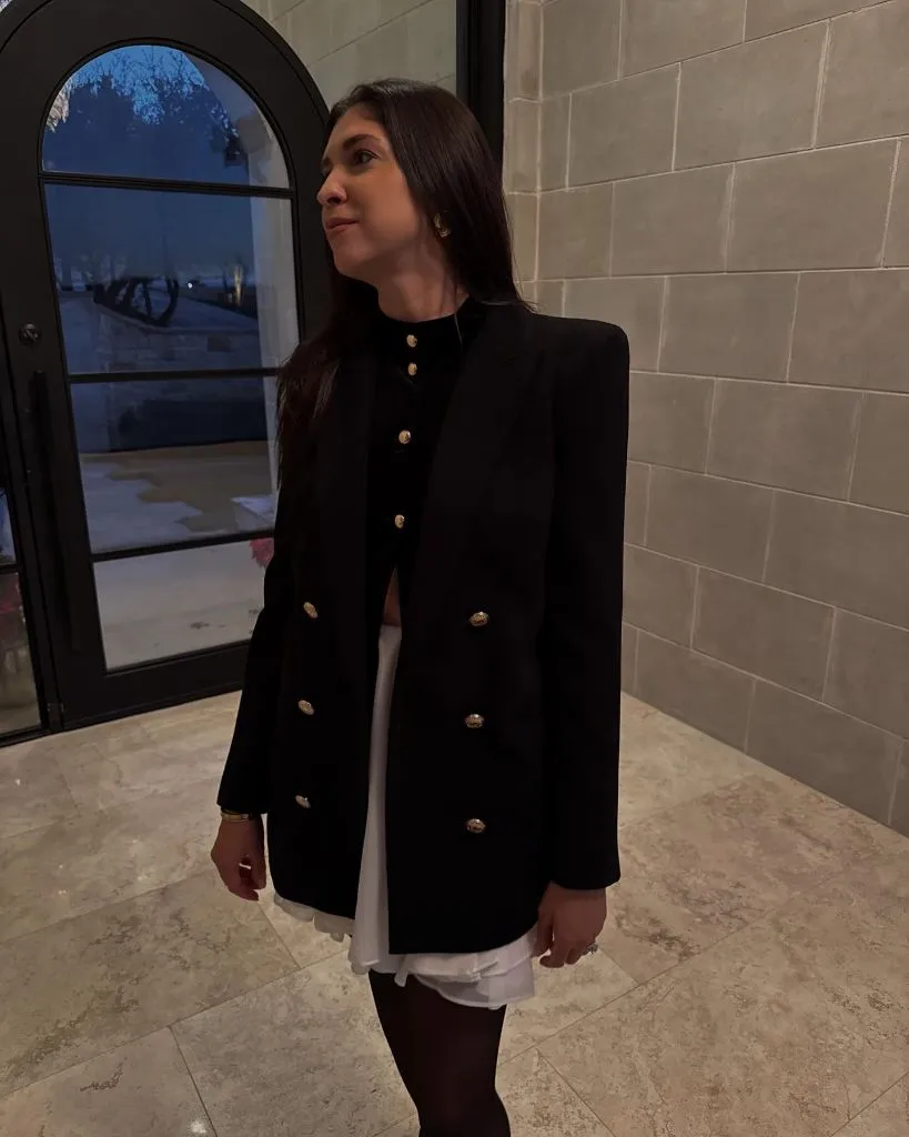 Fall Date Night Outfit - Black Double-Breasted Gold Button Blazer with White Mini