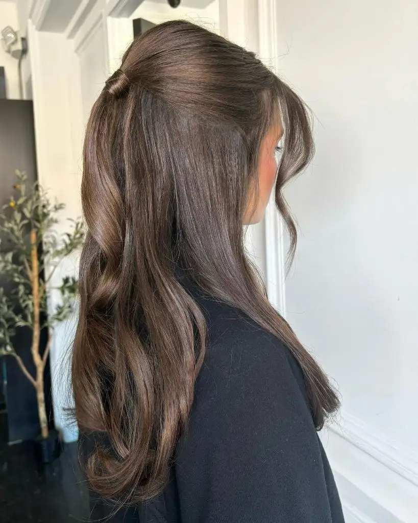 Fall Hairstyles for Office 2026 Romantic Half-Up Waves with Wrapped Detail