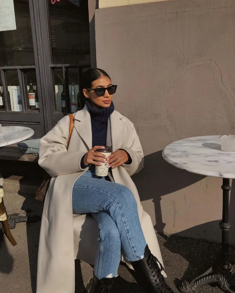 Cream coat and navy turtleneck outfit