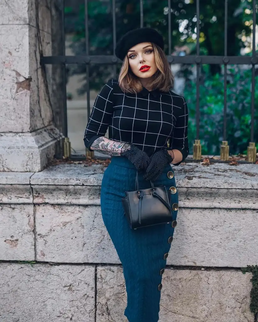 Teal cable-knit pencil skirt with windowpane blouse and black beret