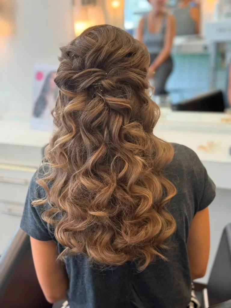 Fall Hairstyles for Office 2026 Cascading Curly Half-Up with Twisted Crown