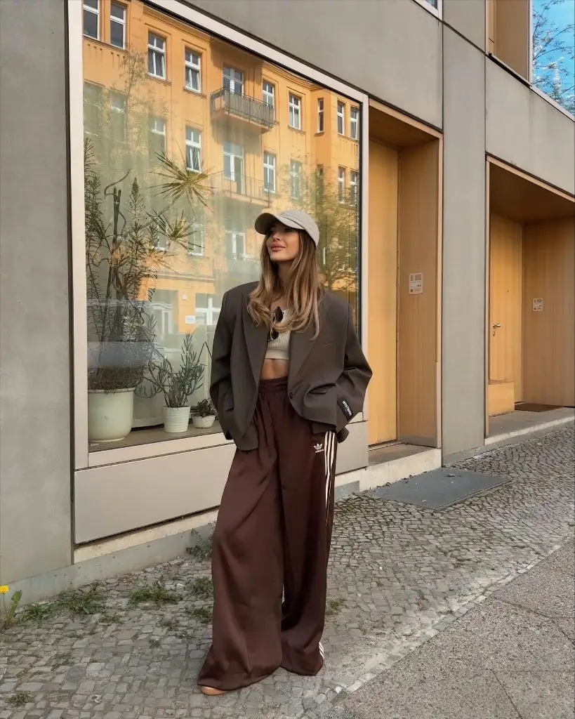 Oversized blazer with brown Adidas track pants and baseball cap