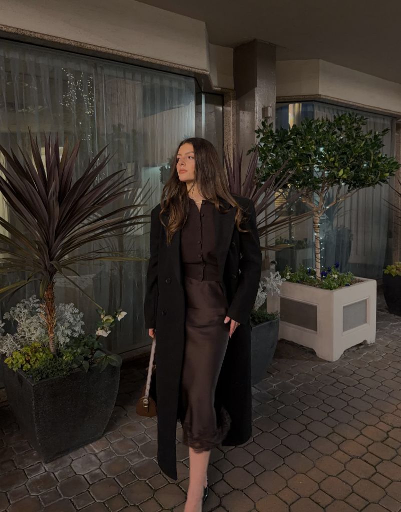 Fall Date Night Outfit - All Brown Tonal Coat and Satin Skirt