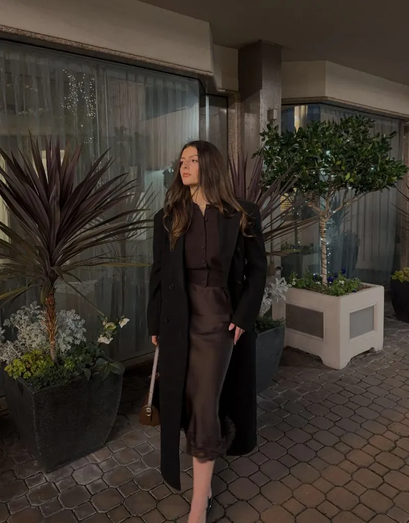 Fall Date Night Outfit - All Brown Tonal Coat and Satin Skirt