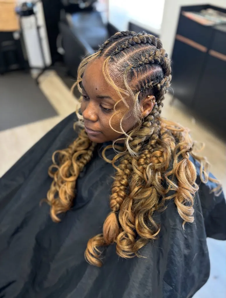 Butterfly Braids Hairstyle Golden Honey Goddess Braids with Voluminous Curly Ends