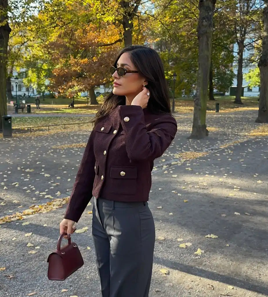 Fall professional outfit burgundy boucle jacket grey tailored trousers burgundy bag
