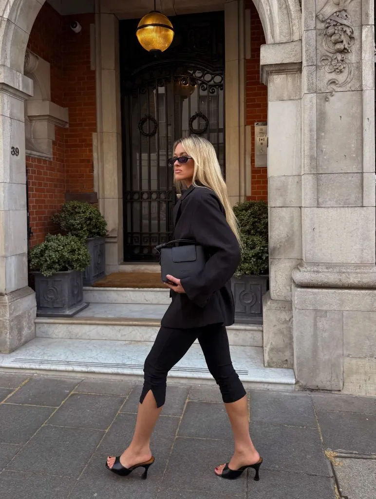 All-black blazer and capri pants with mule heels