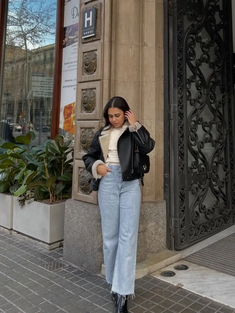 Shearling jacket and jeans in Barcelona