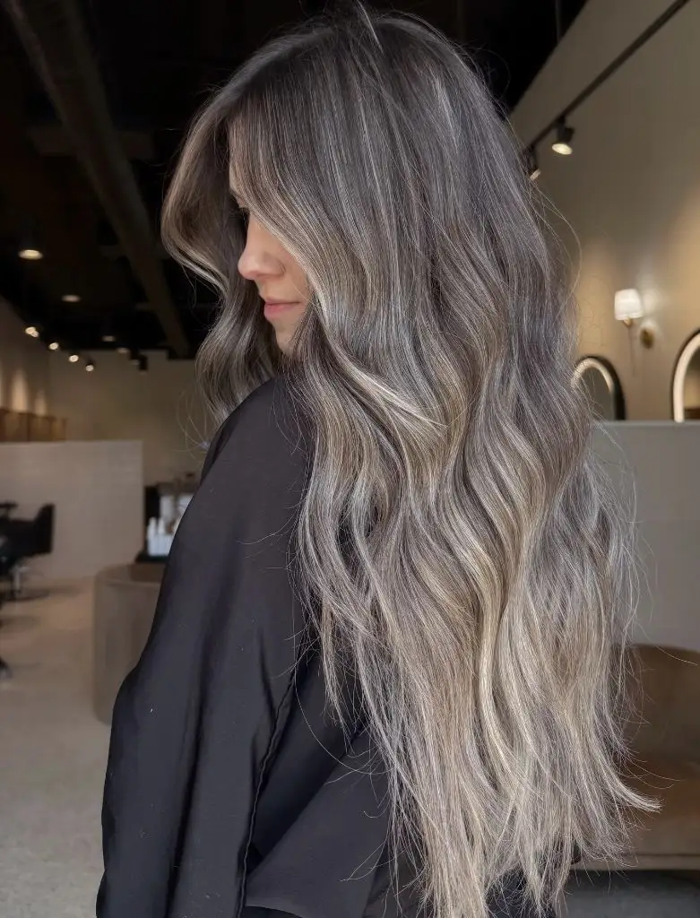 Fall Hairstyles for Long Hair 2026 Smoky Ash Brunette With Cool Silver-Toned Balayage