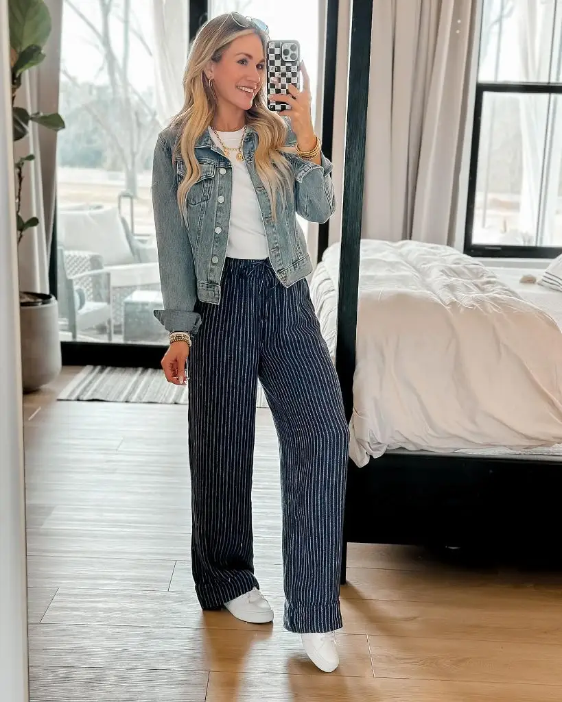 Denim jacket and pinstripe pants