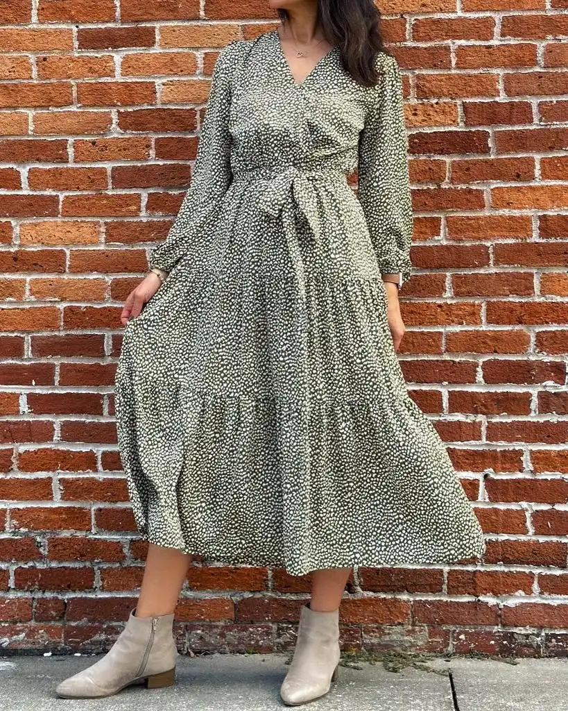 Olive green dotted midi wrap dress with beige ankle boots