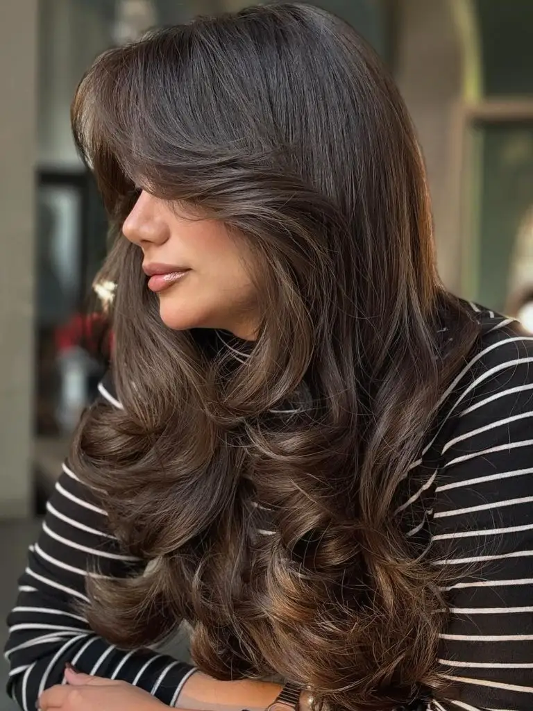 Fall Haircuts for Women 2026 Rich Brunette Curtain Layers with Cascading Volume