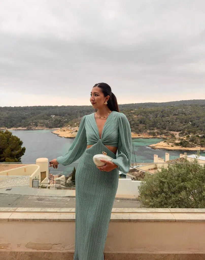 Fall Date Night Outfit - Sage Green Cutout Plissé Maxi Dress