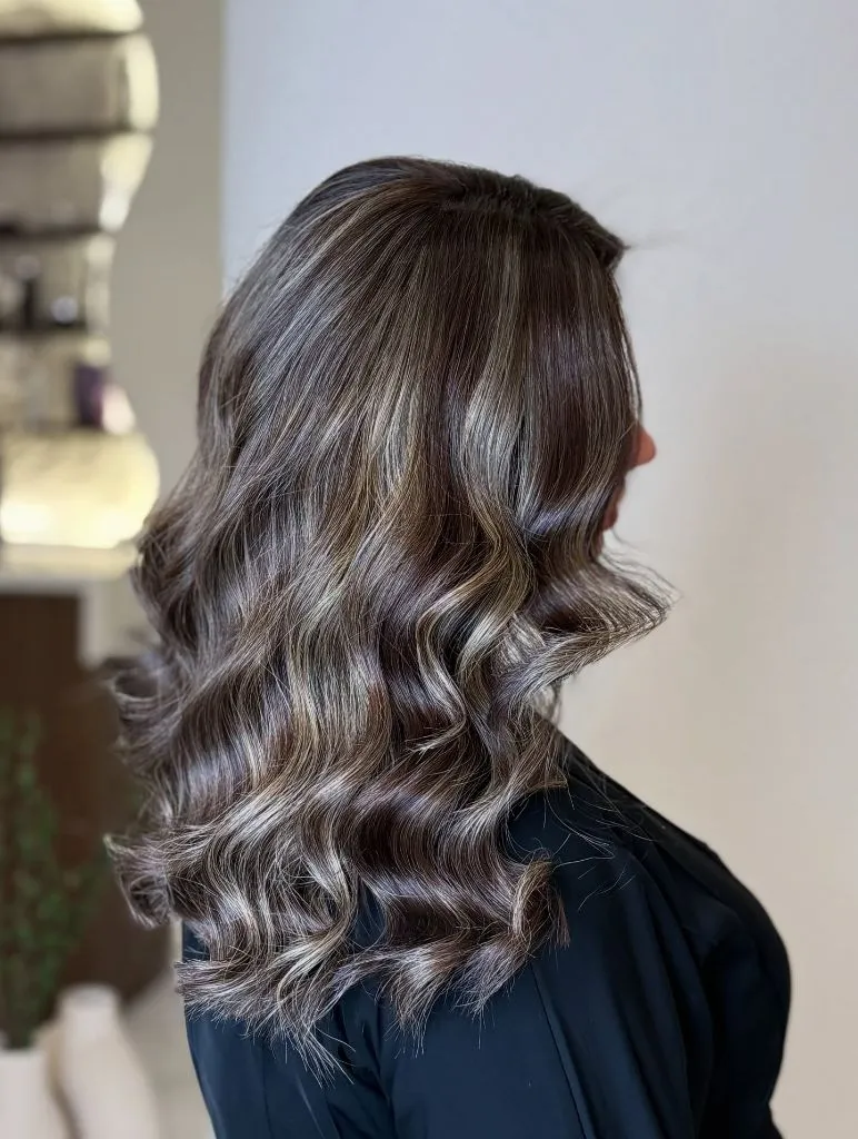 Fall Hair Colour Ideas 2026 Dark Brunette With Cool Ash-Blonde Highlights