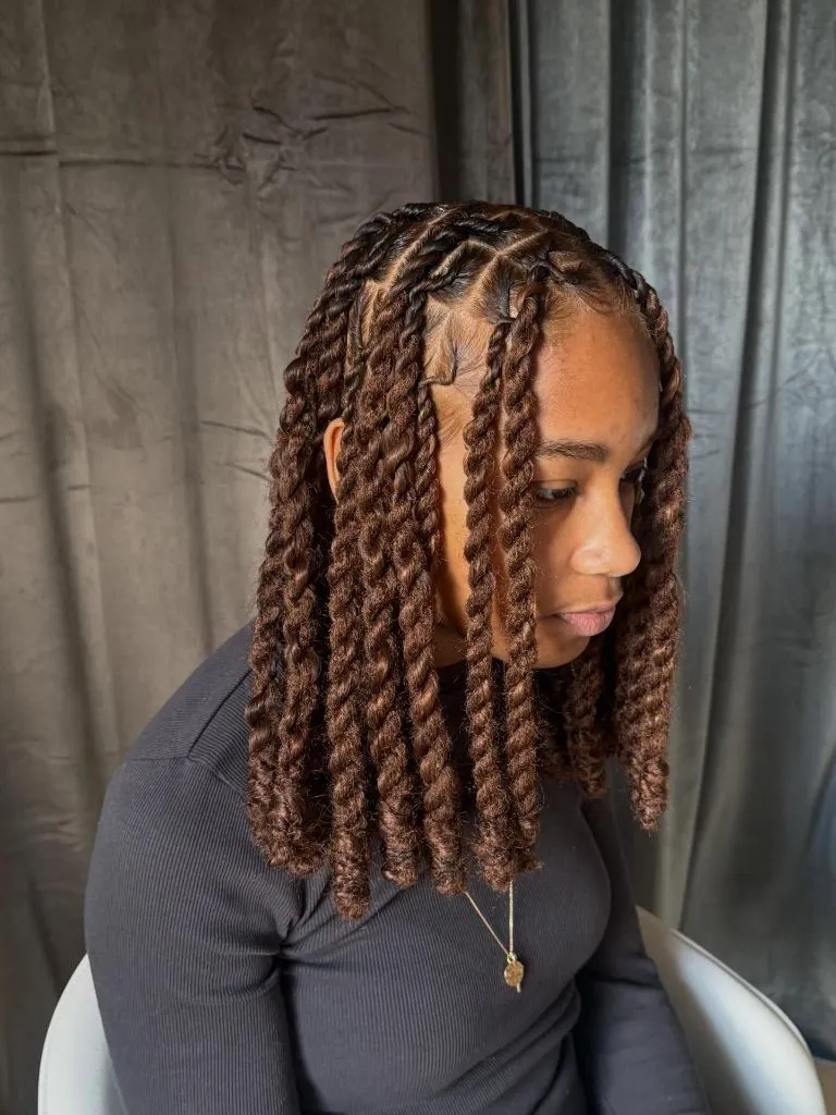 Locs Hairstyles for Black Women Medium Cinnamon Twists With Sculpted Parts