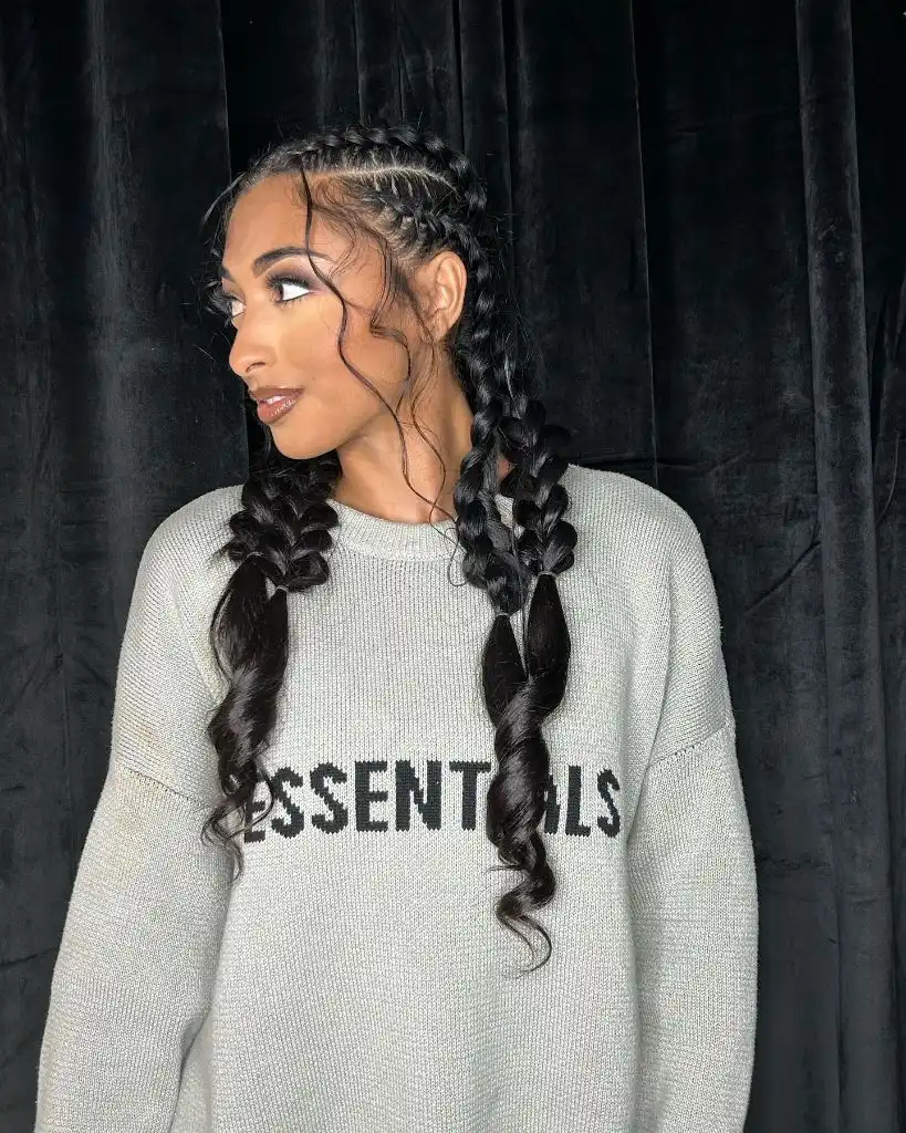 Butterfly Braids Hairstyle Sleek Two-Strand Feed-In Braids with Bubble Ponytail Ends