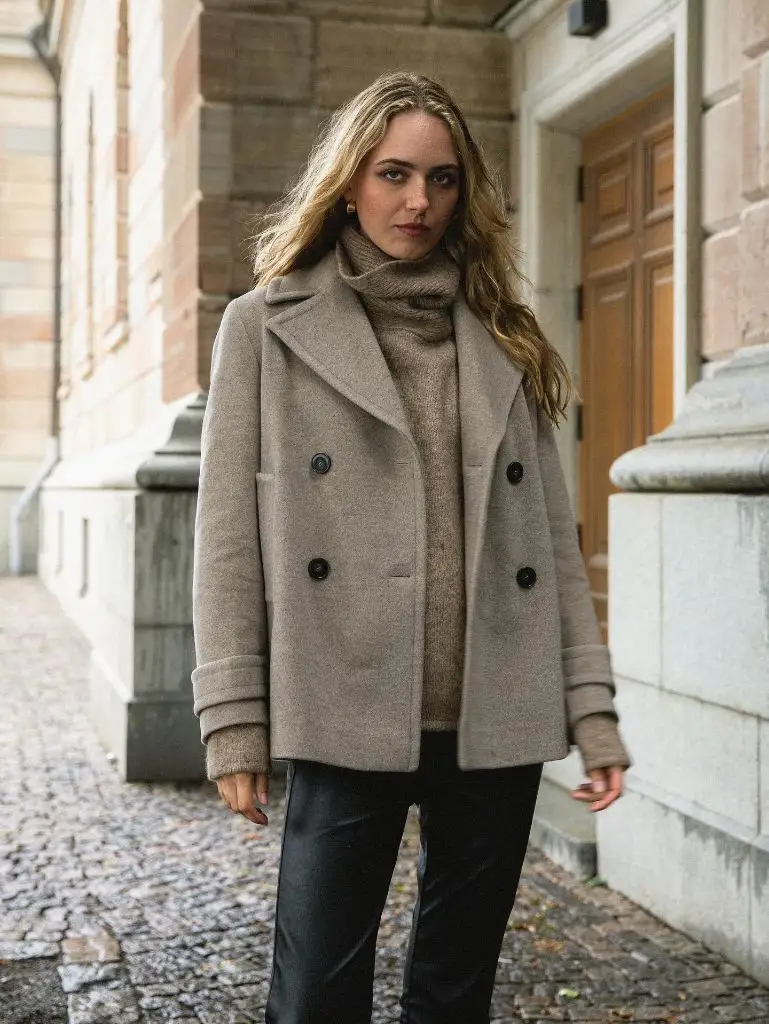Grey wool peacoat over taupe turtleneck with black leather pants
