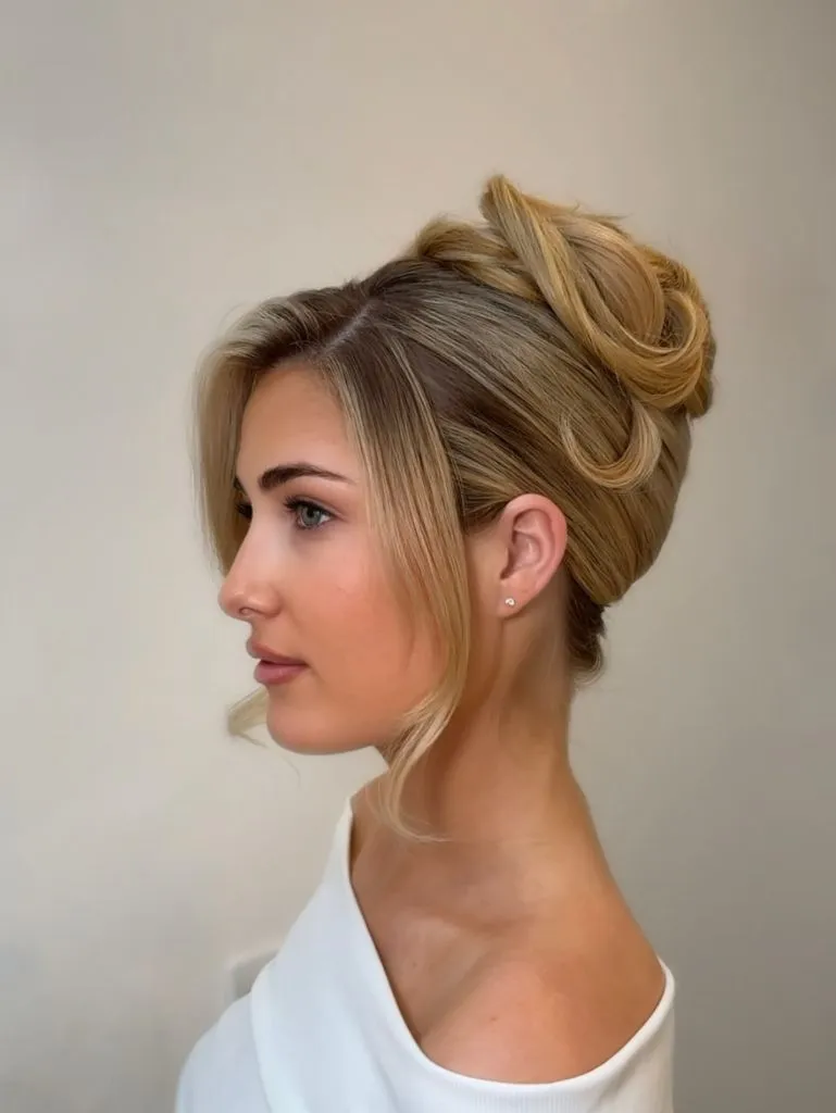 Fall Hairstyles for Wedding Guests 2026 Sleek Structured Top Knot with Clean Lines