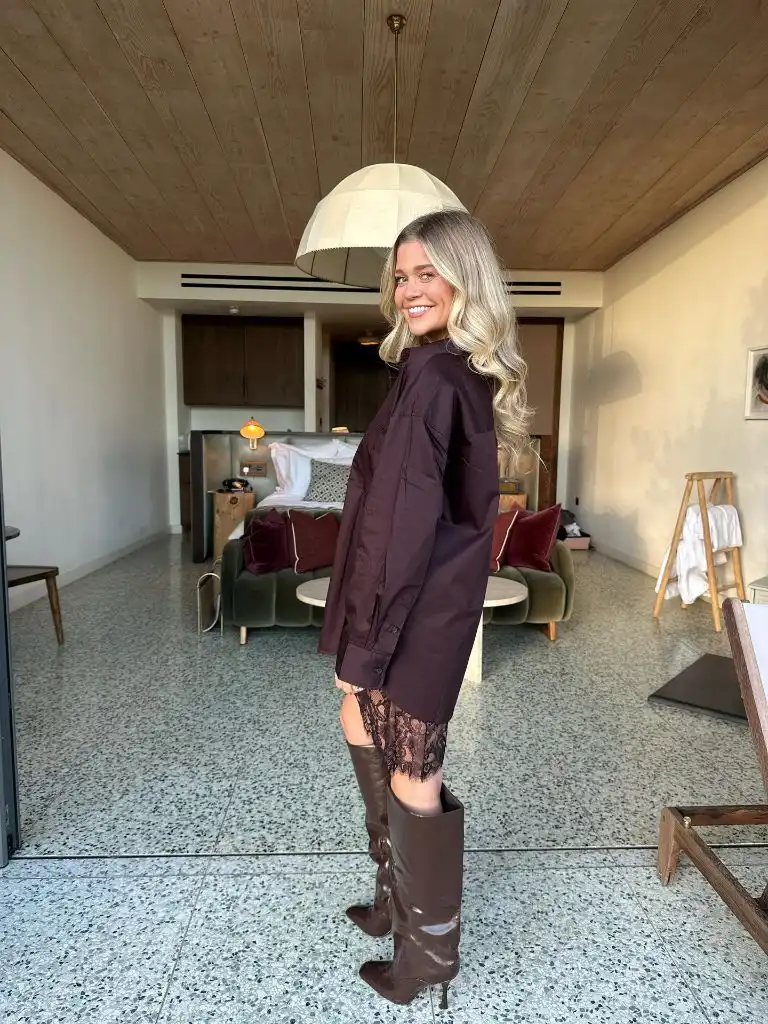 Fall Date Night Outfit - Dark Chocolate Oversized Shirt with Lace Mini and Brown Boots