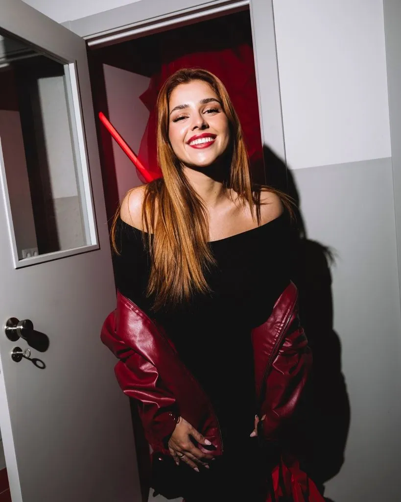Fall Date Night Outfit - Red Leather Jacket with Black Off-Shoulder Top