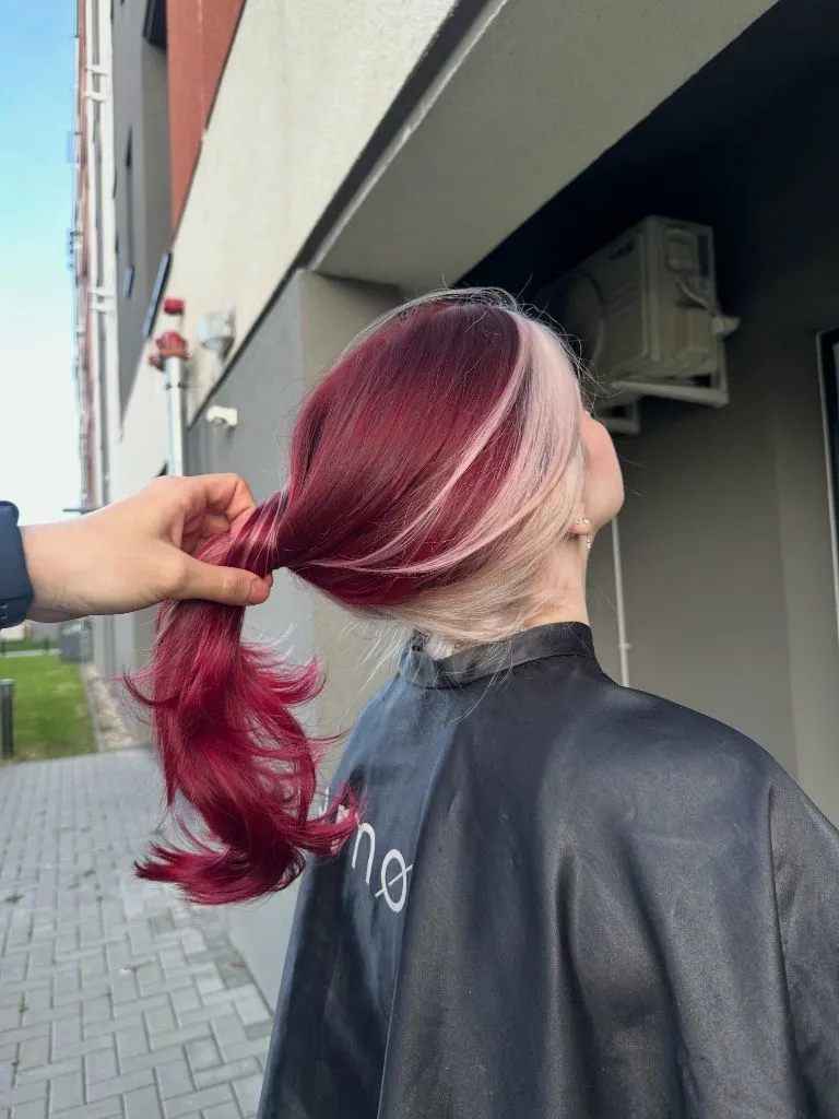 Fall Hair Colour Ideas 2026 Bold Crimson and Blush Two-Tone Split Colour