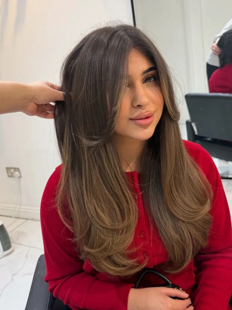 Brunette face-framing layers with soft highlights
