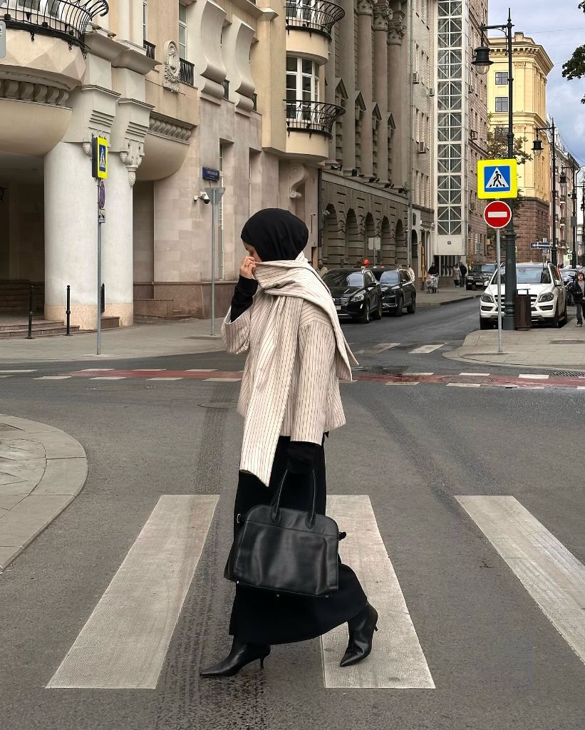Hijab street style with striped blazer