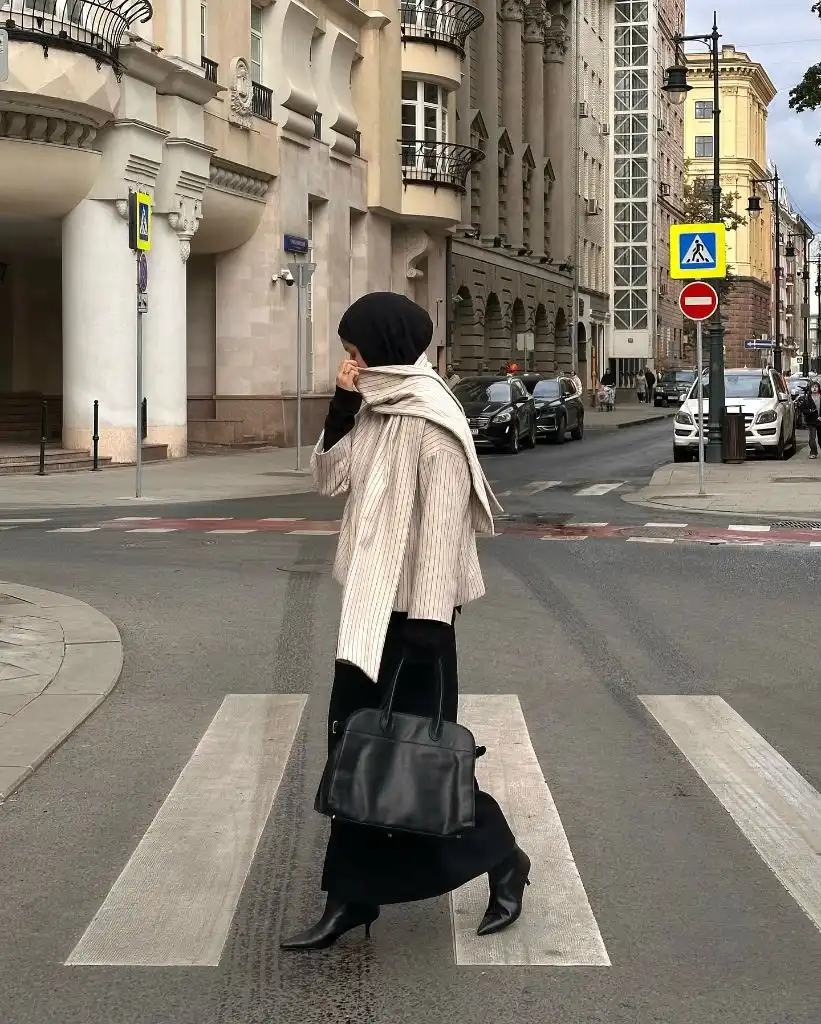 Hijab street style with striped blazer