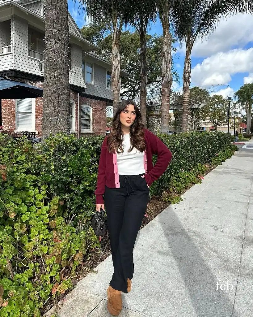 Burgundy cardigan with white tee and black linen pants