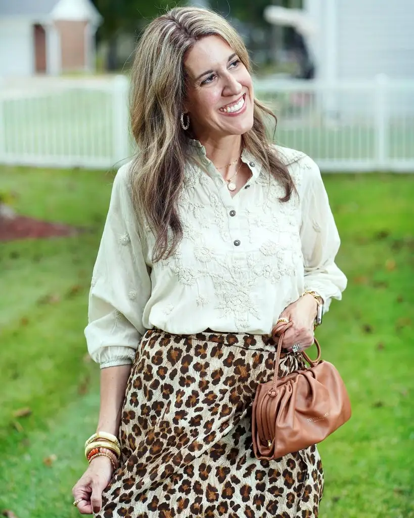 Boho embroidered blouse with leopard skirt